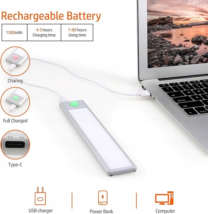 Lampy podszafkowe LED 20cm z czujnikiem ruchu, ładowane przez USB - obrazek 3