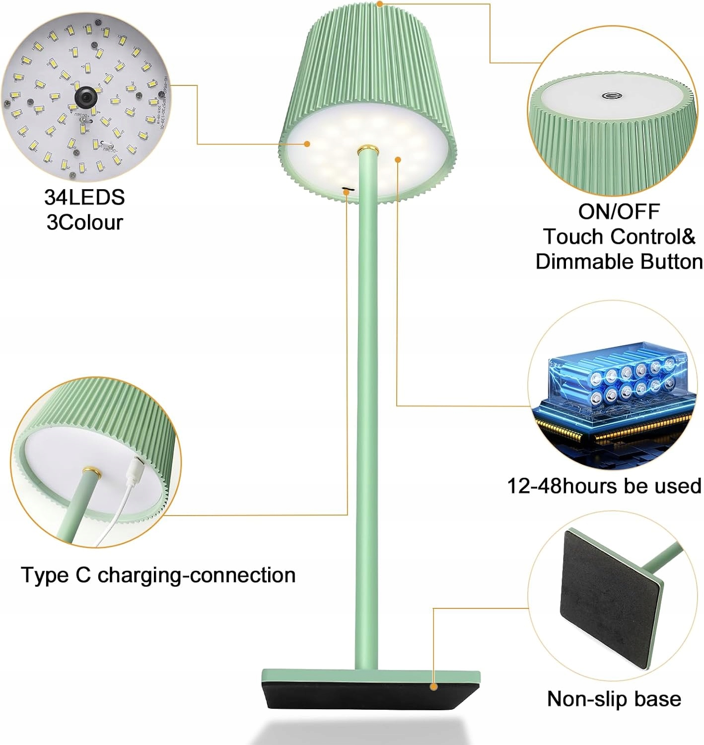 Lampa stołowa, bezprzewodowa, z 3 trybami świecenia ZIELONA - obrazek 6