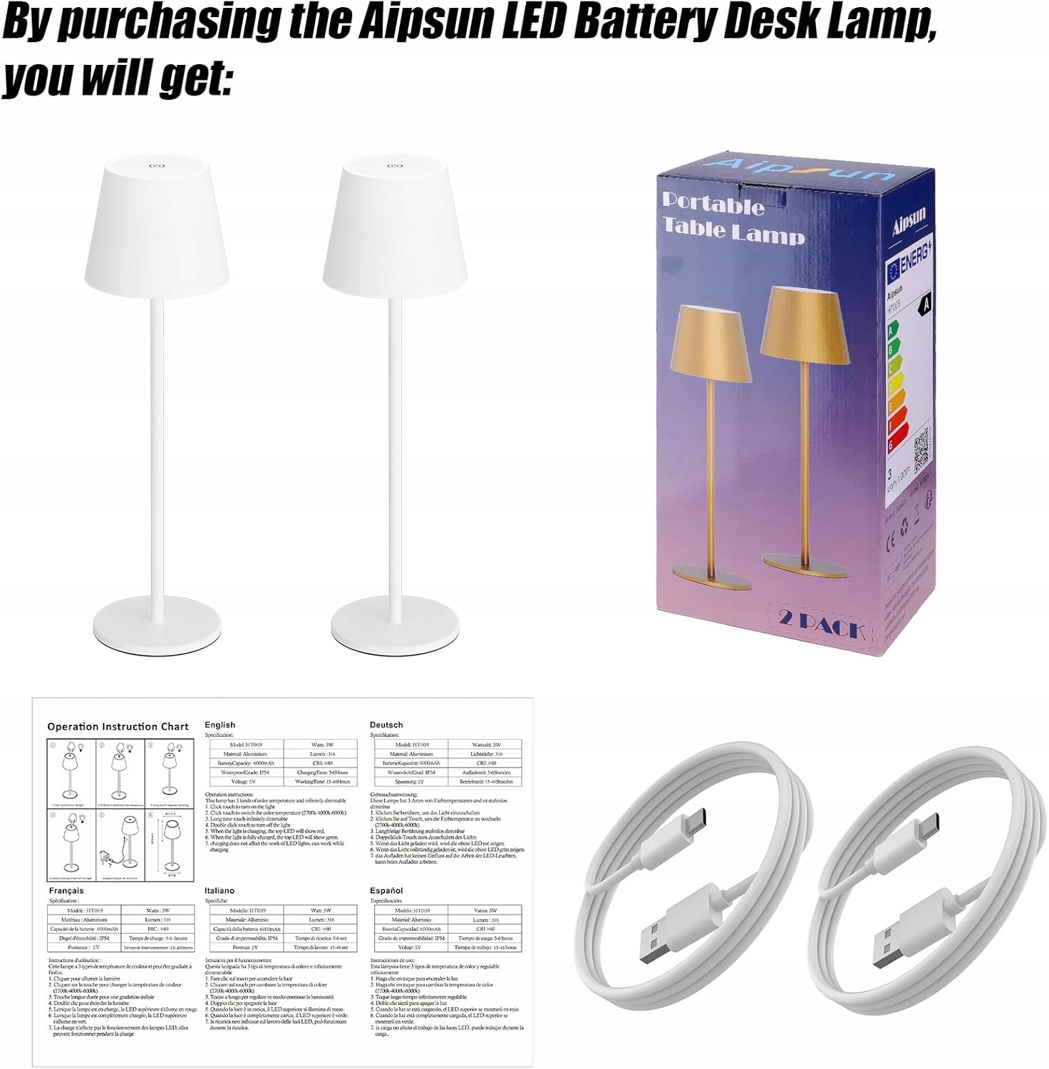 zestaw 2 lampki białe nocne aipsun na stolik 6000 mAh, ściemniana, dotykowa - obrazek 7
