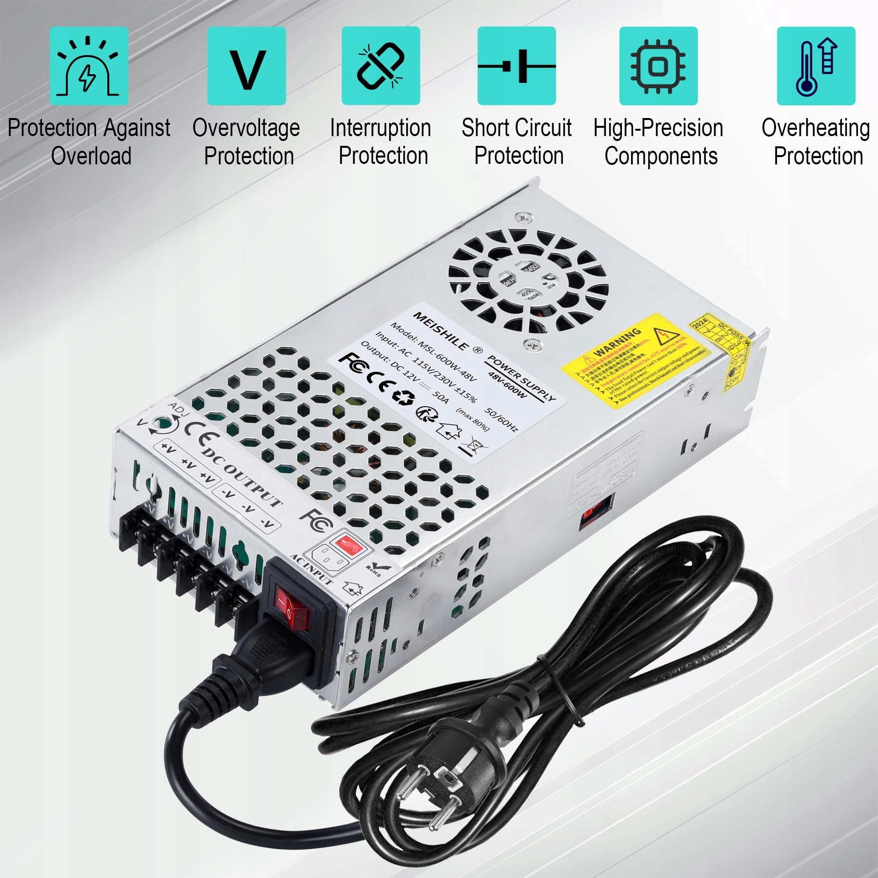Zasilacz Impulsowy MEISHILE 48V 12,5A 600W zasilacz upgrade 230V do 48V - obrazek 6