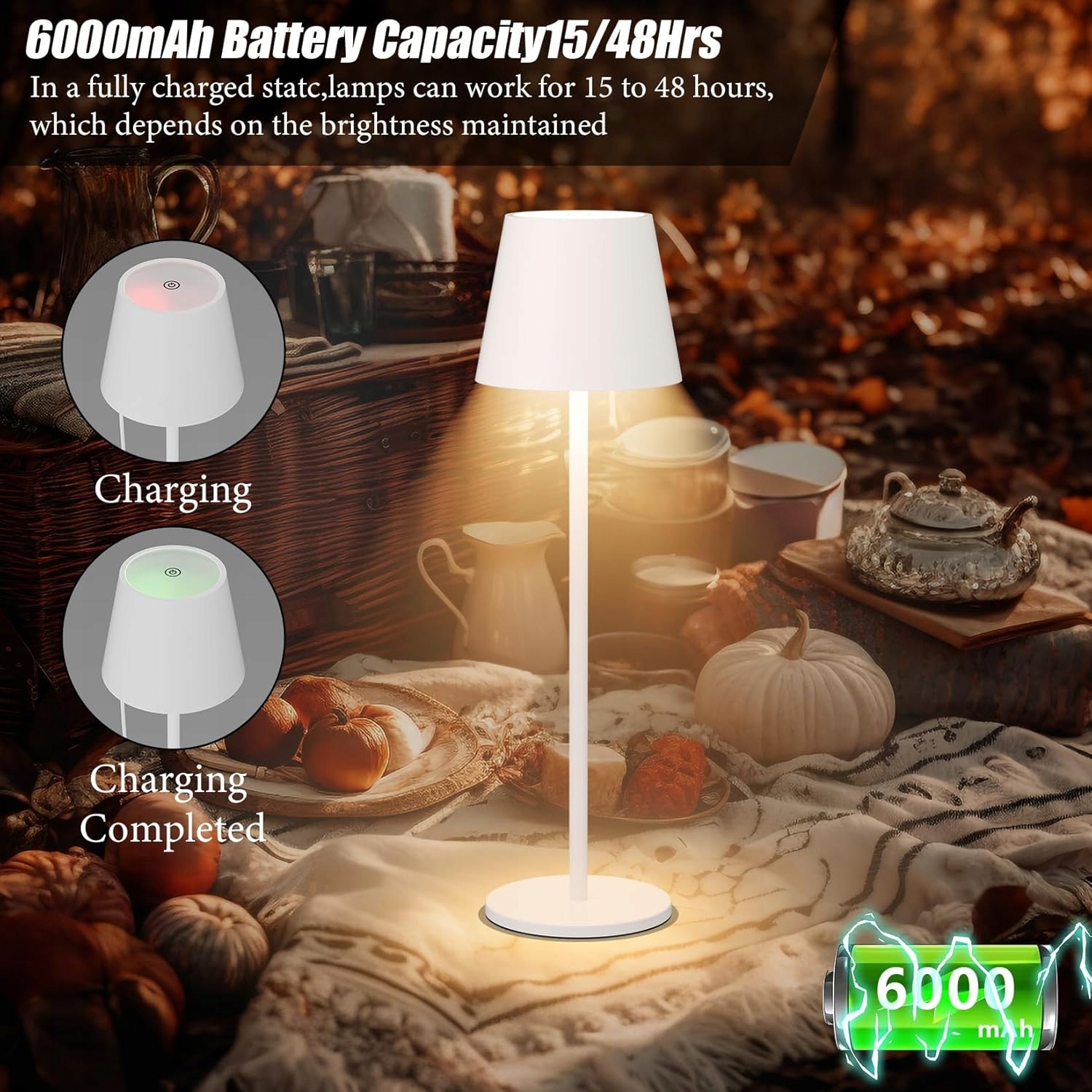 zestaw 2 lampki białe nocne aipsun na stolik 6000 mAh, ściemniana, dotykowa - obrazek 8