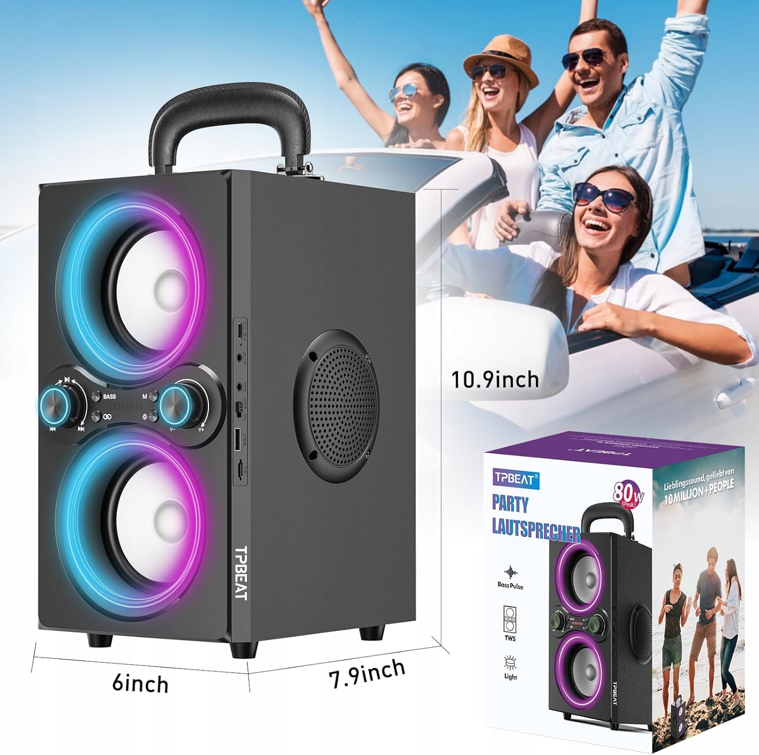 Głośnik Bluetooth, 80 W, bezprzewodowy duży bas boost, 100 dB TPBEAT - obrazek 2