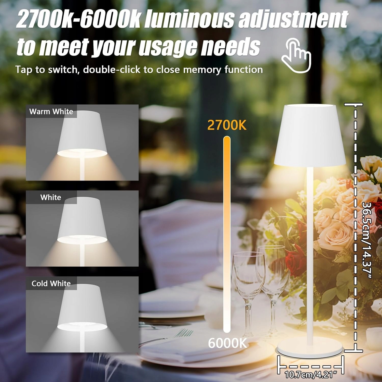 zestaw 2 lampki białe nocne aipsun na stolik 6000 mAh, ściemniana, dotykowa - obrazek 3