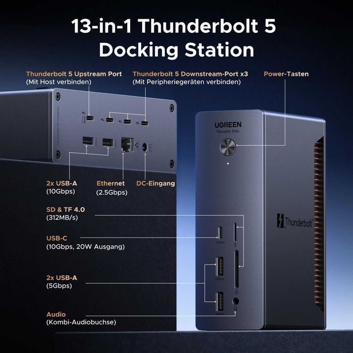 UGREEN Stacja dokująca 13 w 1 z ładowaniem 140 W do laptopa, 2,5 GbE Revodok Max 2131 Thunderbolt 5 Dock 120 Gb/s z 3*TBT5 - obrazek 2