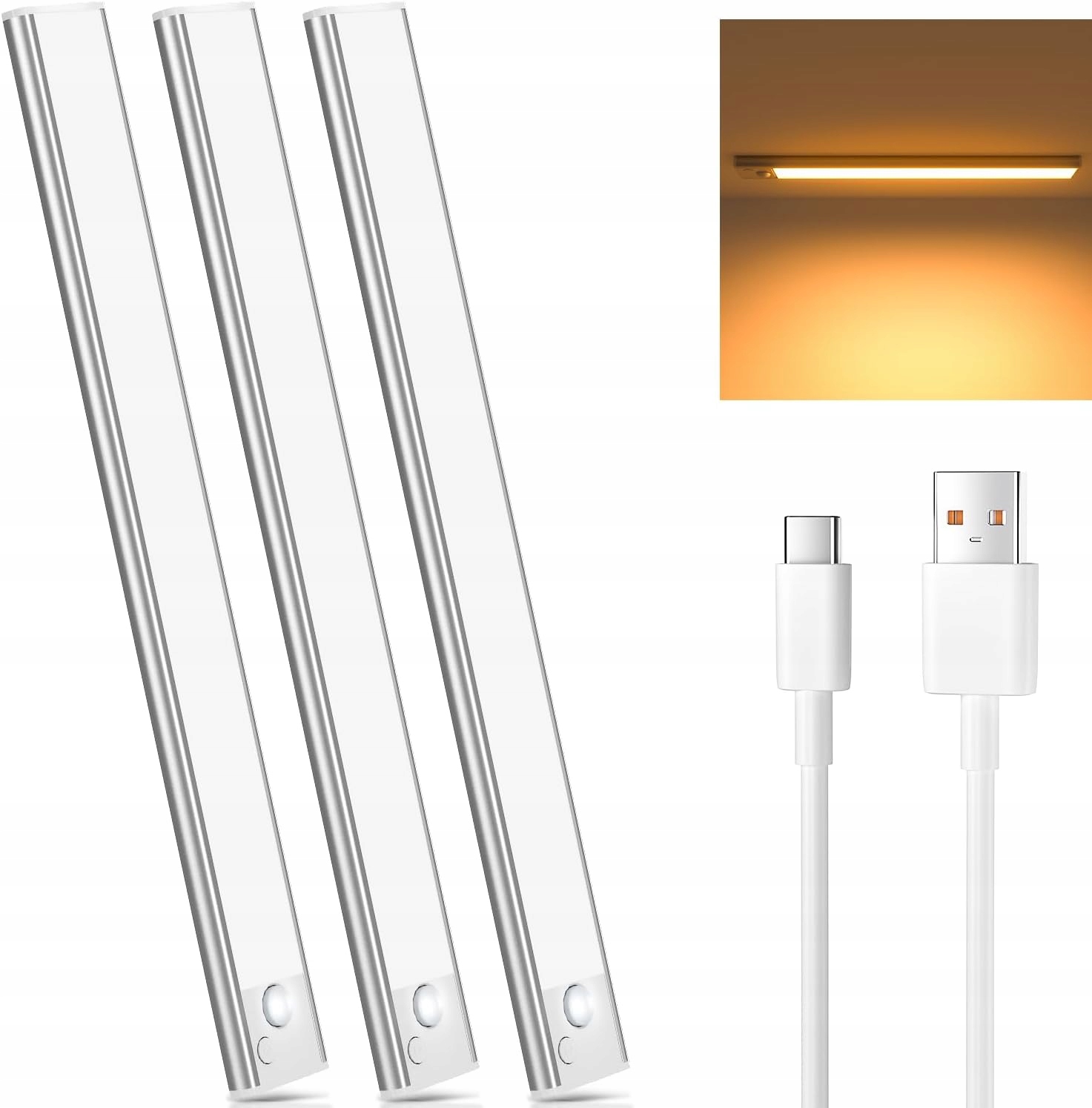 LISTWA PODSZAFKOWA LAMPA LED 30cm ALUMINIOWA CZUJNIK RUCHU 3 SZT MAGNES