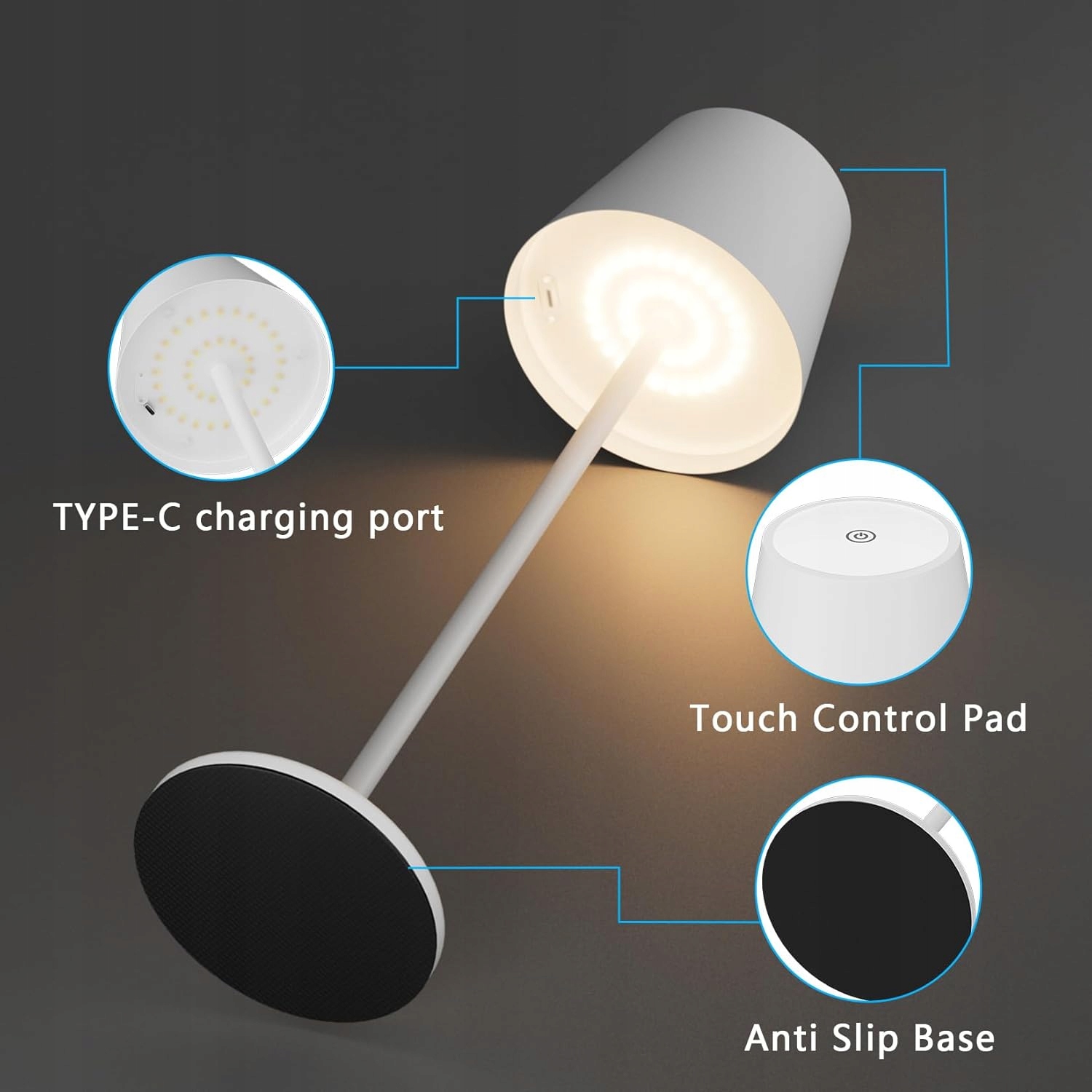zestaw 2 lampki białe nocne aipsun na stolik 6000 mAh, ściemniana, dotykowa - obrazek 5