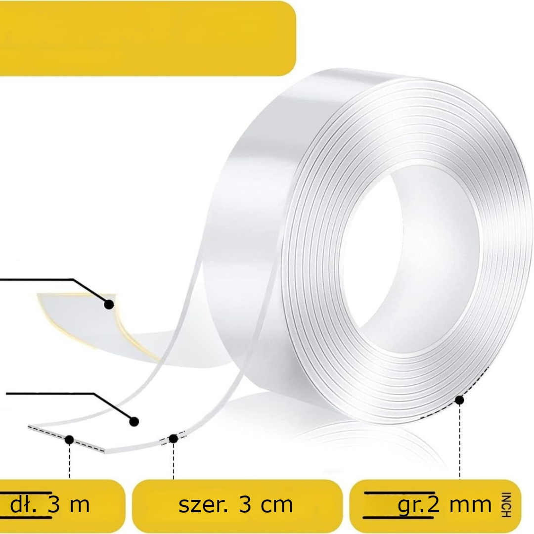 DWUSTRONNA TAŚMA 3M WIELOKROTNEGO UŻYTKU MONTAŻOWA MOCNA szer. 3 cm, gr 2mm - obrazek 5