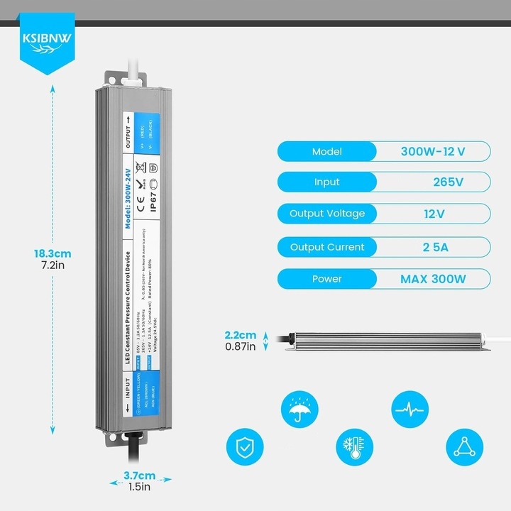 Zasilacz LED 12V 25A 300W transformator LED, wodoodporny - obrazek 7