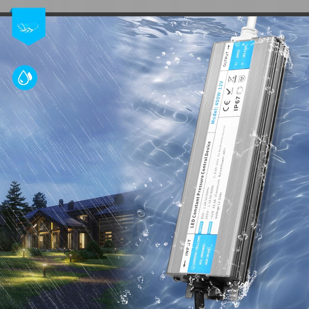 Transformator LED 12 V 400 W zasilacz sterownik 33, 3 A wodoopdporny IP67 - obrazek 2