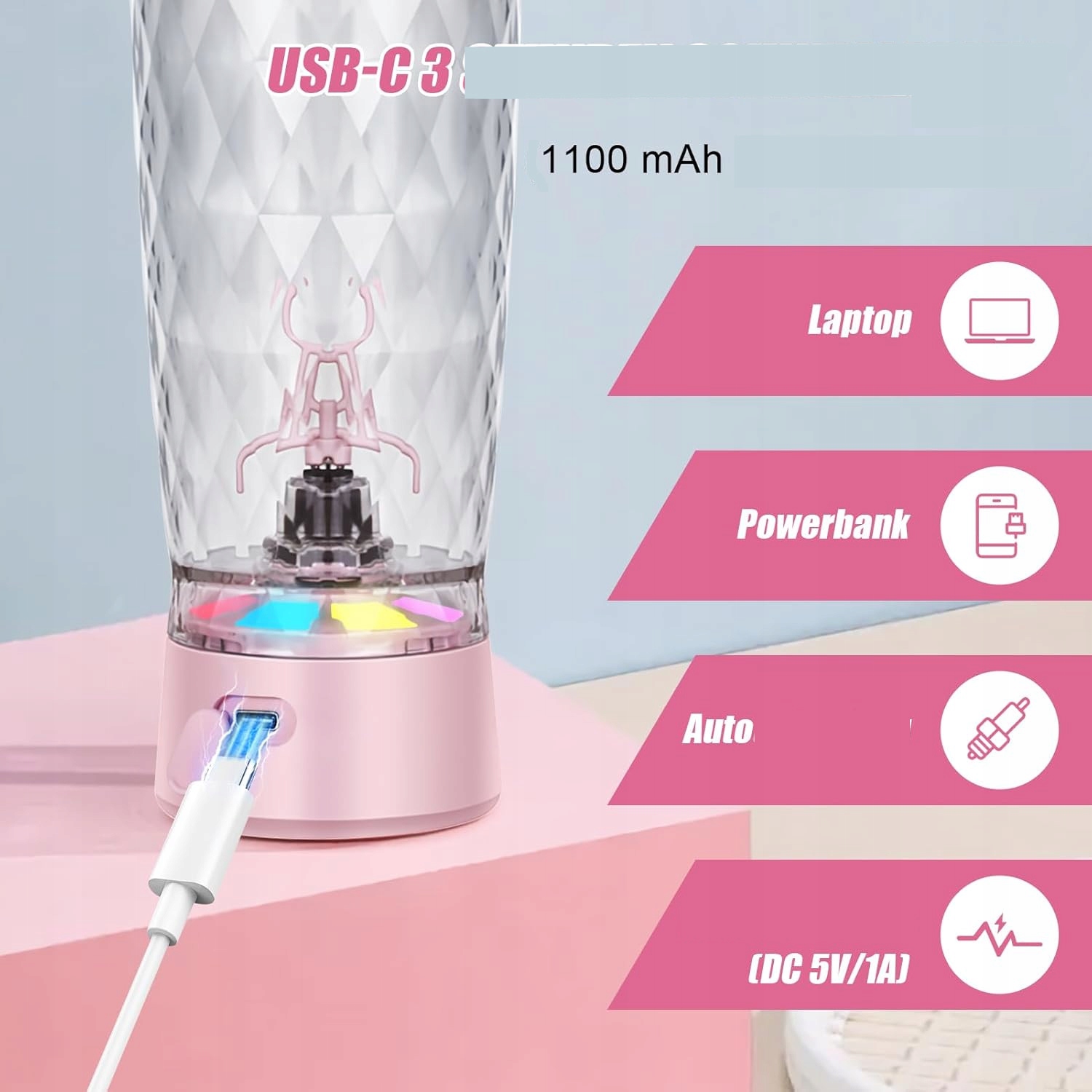 ELEKTRYCZNY SHAKER DO BIAŁKA 650 ML MIKSER USB C Różowy - obrazek 12