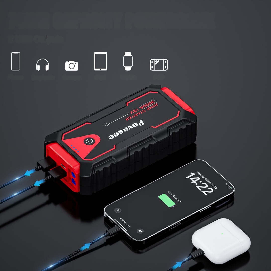 POVASEE Powerbank Rozruchowy 3000A USB do Aut 12V do 10L Benzyna 8L Diesel - obrazek 4