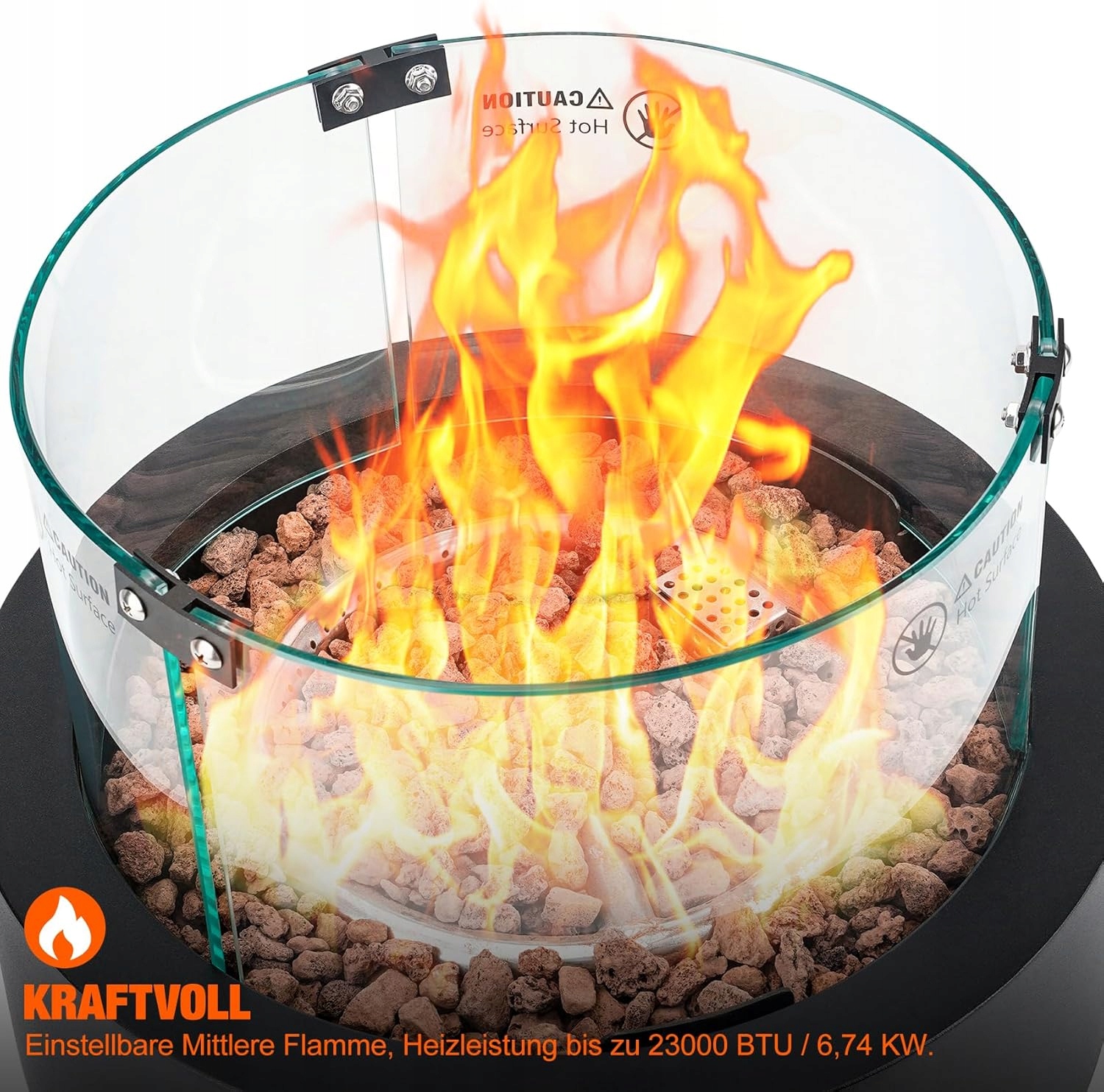 Kominek stołowy Onlyfire z okrągłą szybą i kamieniem wulkanicznym - obrazek 2