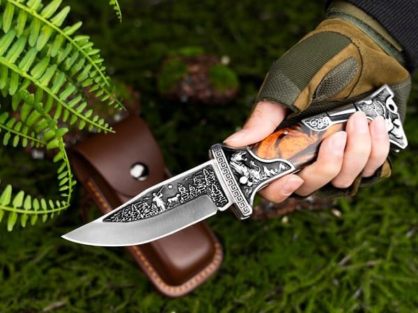 Nóż składany outdoorowy, Scyzoryk MYŚLIWSKI Dwuręczny z Kaburą, Ciężki - obrazek 8