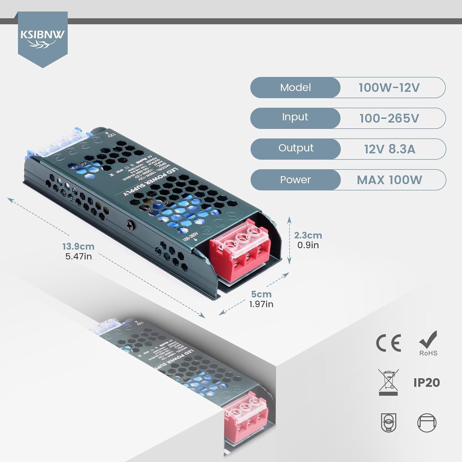 KSIBNW 12V 100W LED zasilacz transformator – Ekstra cienki 8.3A - obrazek 7
