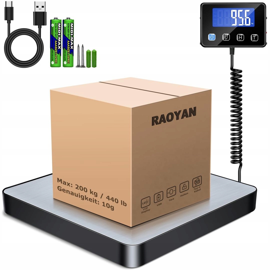 WAGA PACZKOWA 200 KG/10 g, STAL NIERDZEWNA, LCD, TARA/HOLD, 4 JEDN., USB 5V