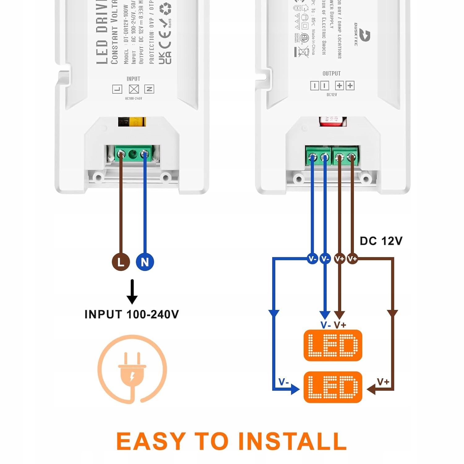 DUSKTEC Zasilacz LED 12 V 100 W transformator do taśmy LED sterownik - obrazek 5