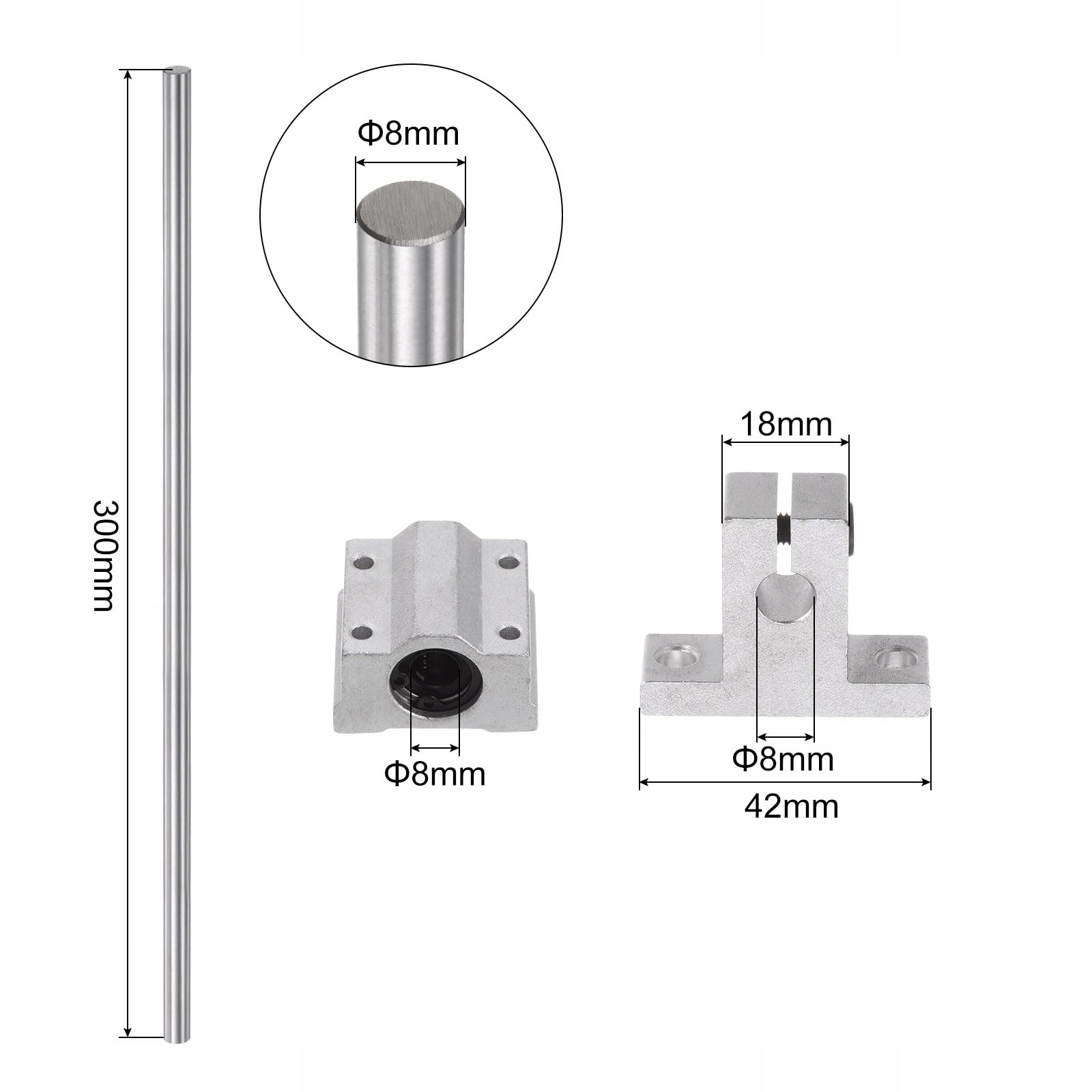 Zestaw prowadnic łożysk liniowych Zestaw wału 2 szt. 8mmx300mm - obrazek 2