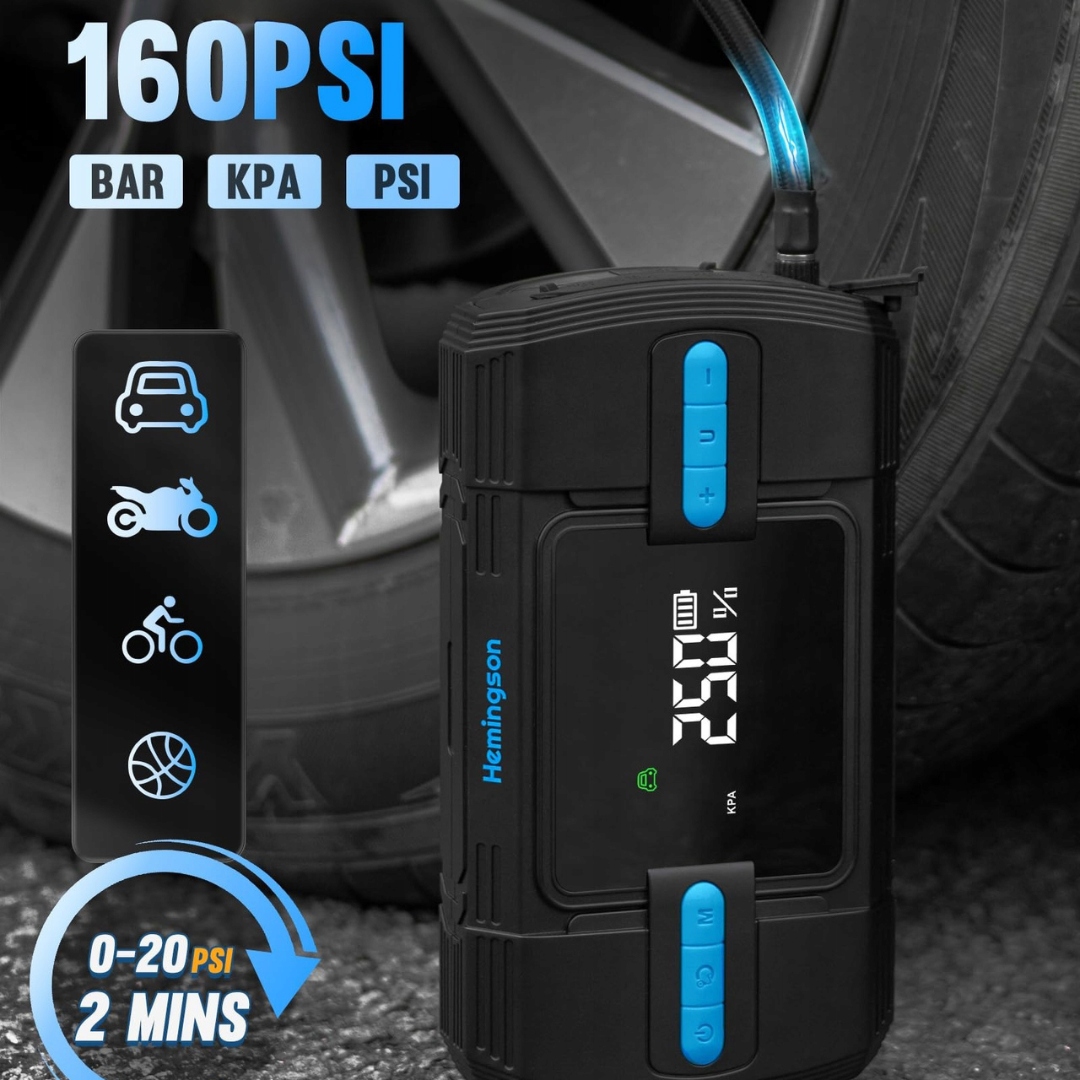 Powerbank rozruchowy z kompresorem 160 PSI, prąd szczytowy 3000 A, 12 V LED - obrazek 5