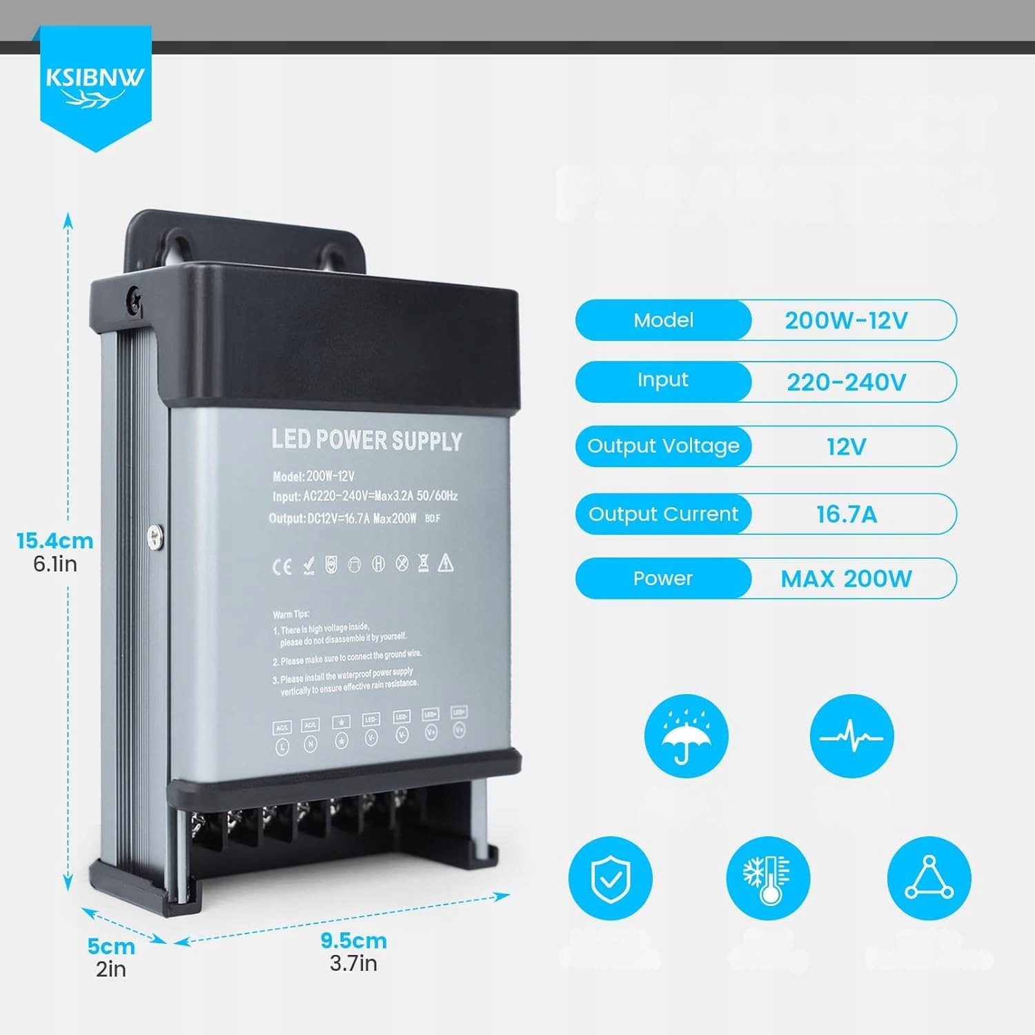 KSIBNW Transformator LED 12 V, 200 W, IP44 - obrazek 6