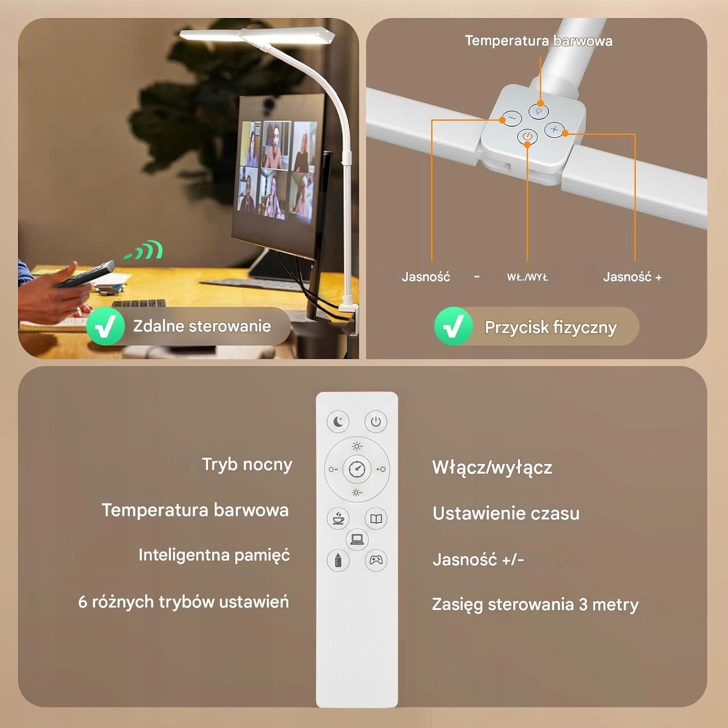 Lampa biurkowa LED przyciemniana zaciskowa do monitora z pilotem. Srebrna - obrazek 8
