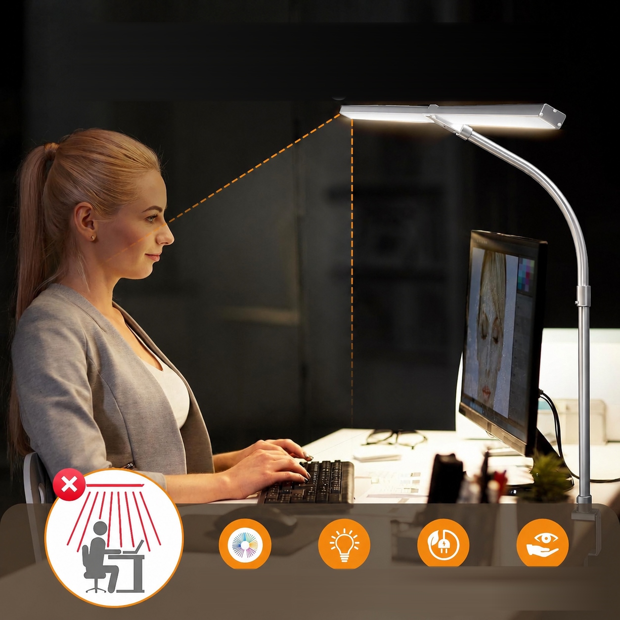 Lampa biurkowa LED przyciemniana zaciskowa do monitora z pilotem. Srebrna - obrazek 5