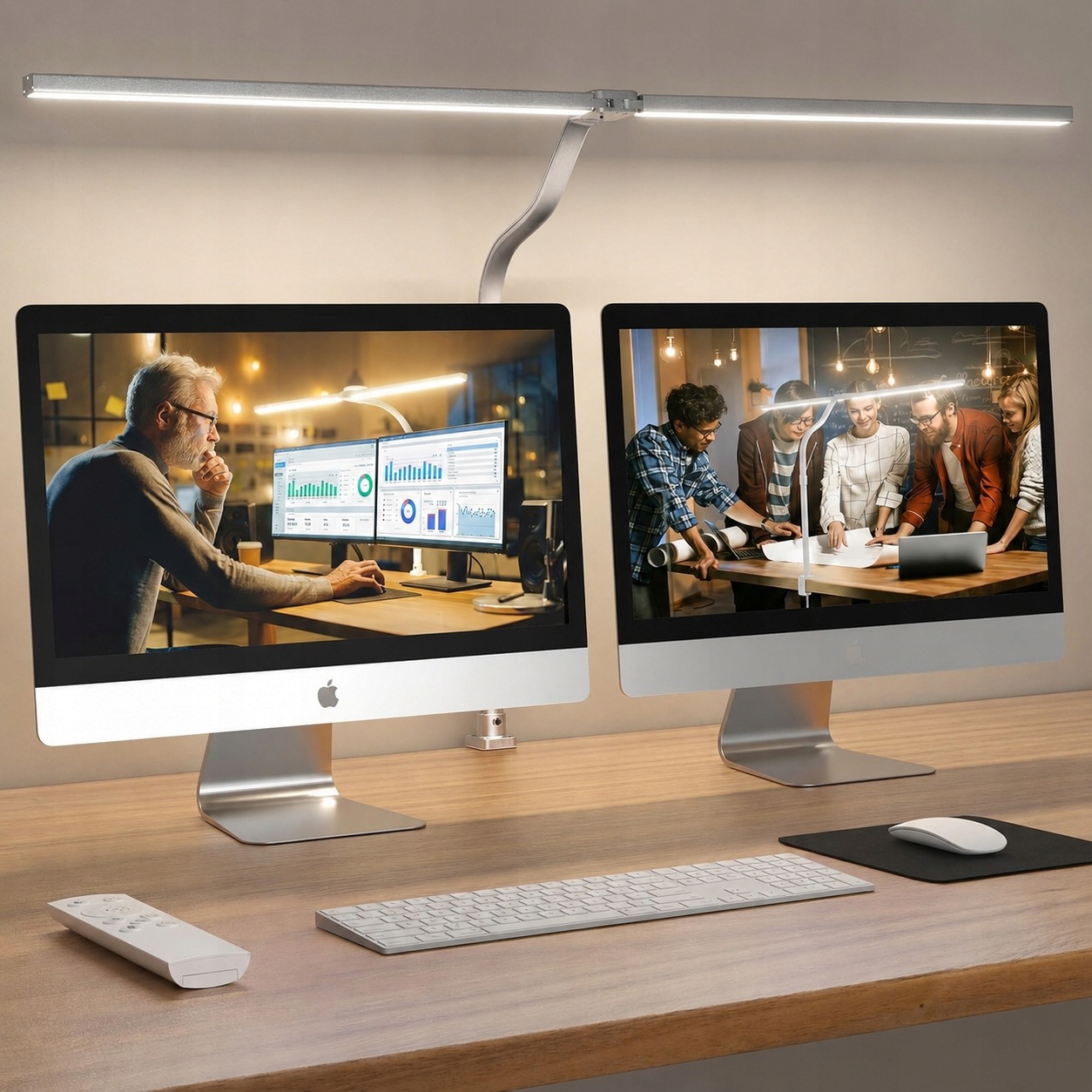 Lampa biurkowa LED przyciemniana zaciskowa do monitora z pilotem. Srebrna